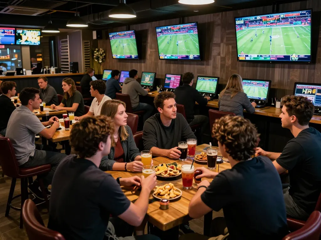 Engaged friends discussing bets while enjoying sports betting at 555win in a lively bar atmosphere.
