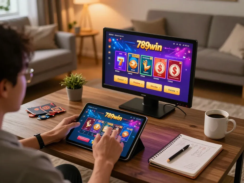 Engaging with the 789win link mới platform from a comfortable home setting, showcasing online gambling excitement.
