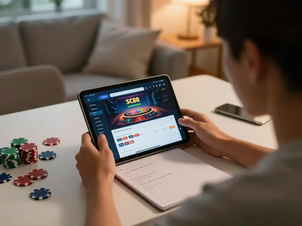 Engaged gambler using the Trang Chủ SC88 app on tablet for online gaming strategy in a cozy home setting