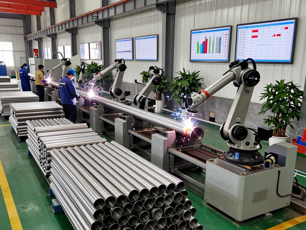 Stainless steel pipe manufacturing with sumwin products, active workers and advanced machinery in facility setting.