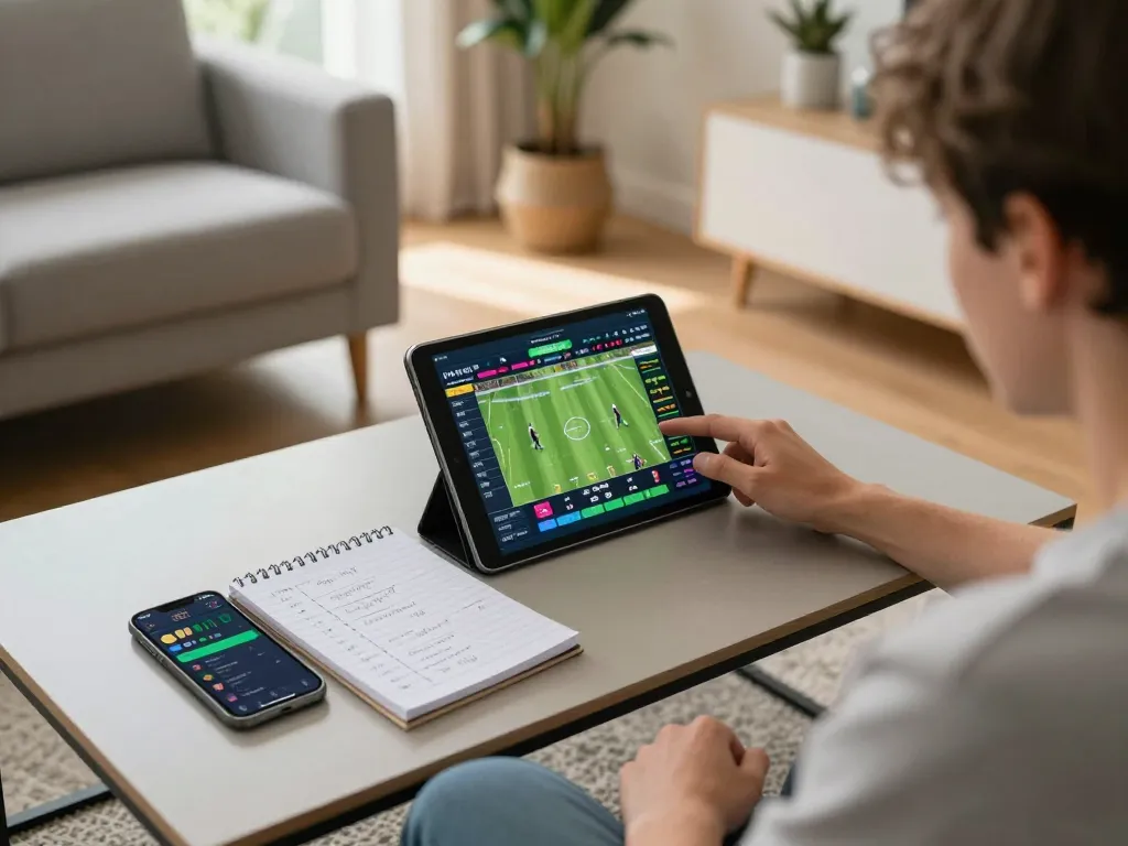 Engaging in sports betting with 7m odds displayed on screen amid a cozy home setting