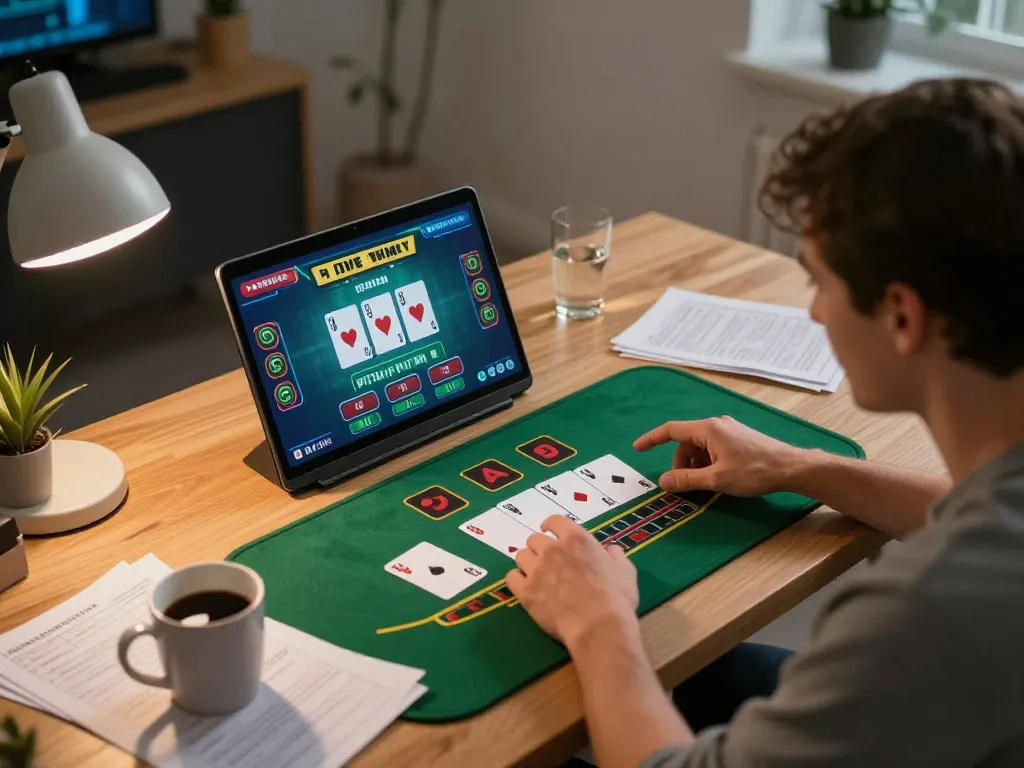 Luckywin player engaging in strategic blackjack gameplay on a laptop with notes and drinks nearby, capturing the essence of online gambling.