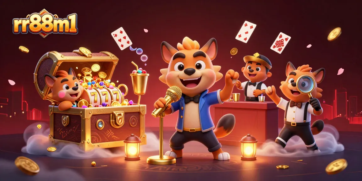 Engage with rr88m1 in this vibrant casino scene featuring lively hyenas and interactive game elements.