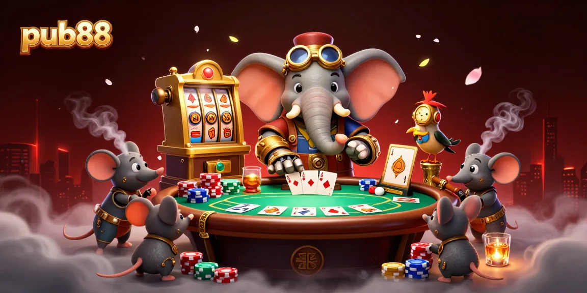 Players enjoy thrilling slots and games at pub88, featuring a steampunk elephant engineer and dynamic casino elements.