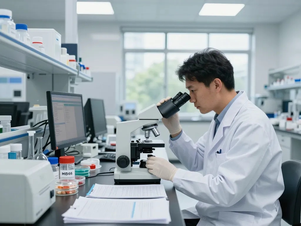 Researcher studying MB66 antibodies in a high-tech lab setting.