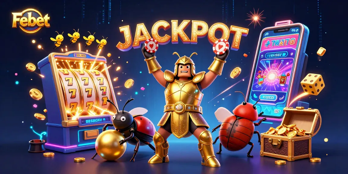 Febet celebrates with a 3D hercules beetle and dung beetle at a lively online casino jackpot scene.
