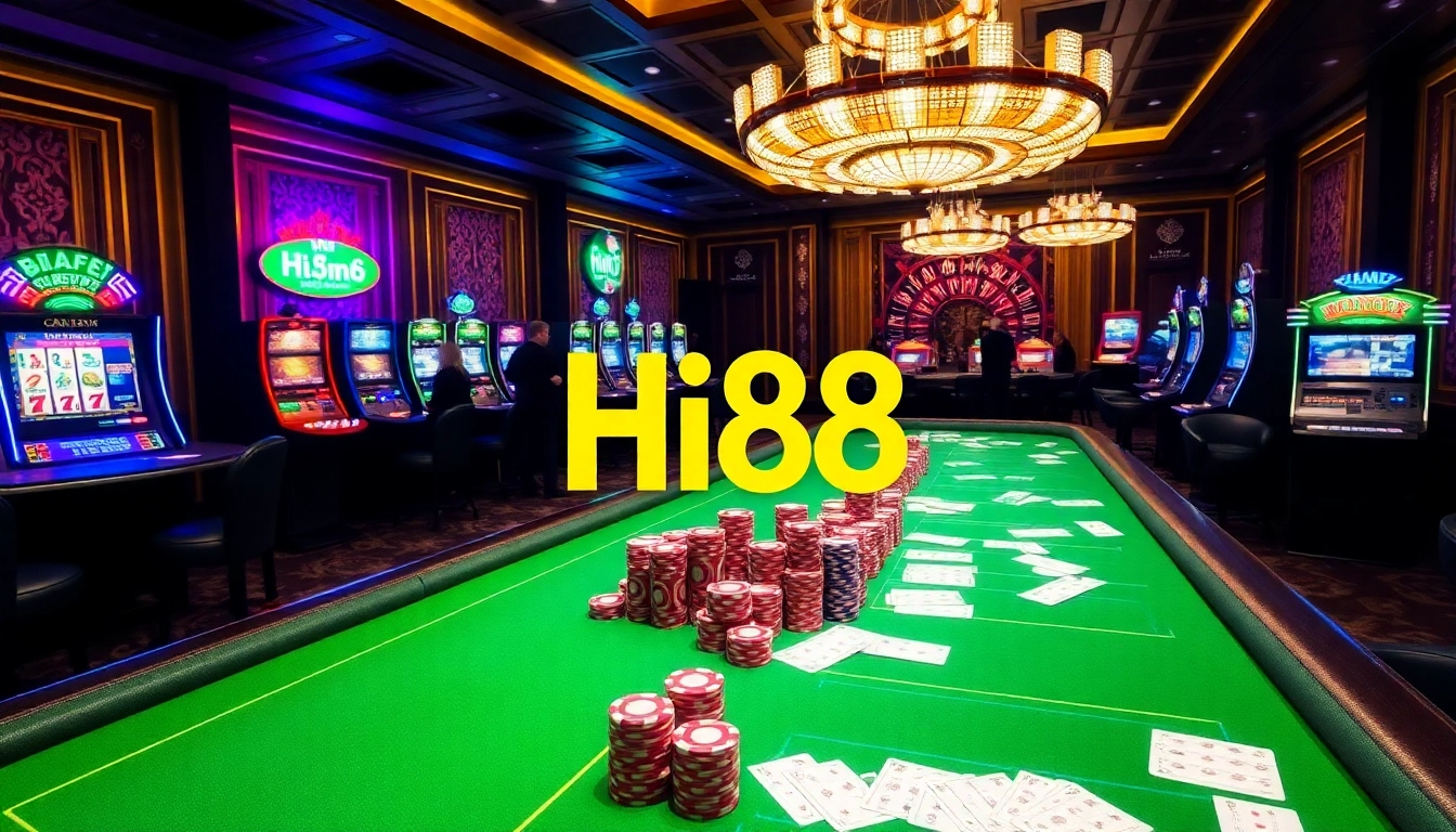 Experience thrilling gameplay at Hi88 with vibrant casino tables, chips, and slot machines.