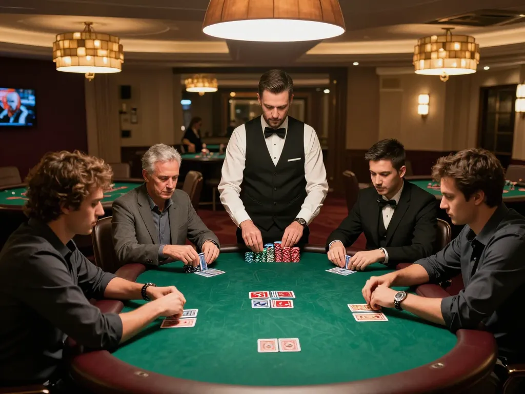 MMOO poker players strategizing their next moves in an upscale casino environment.