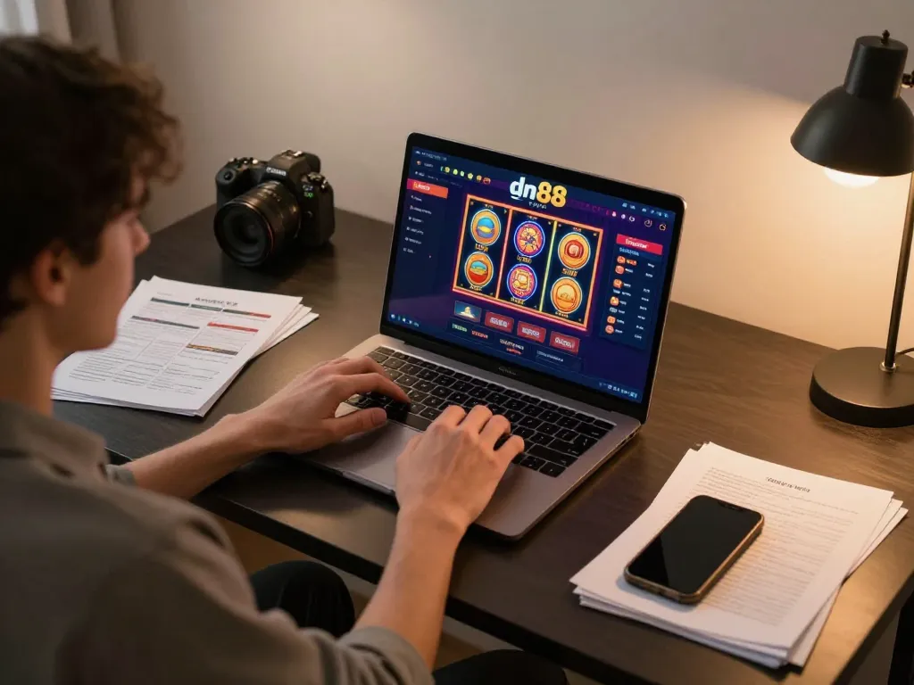 Person engaged in online gaming on dn88, showcasing vibrant casino games on laptop.