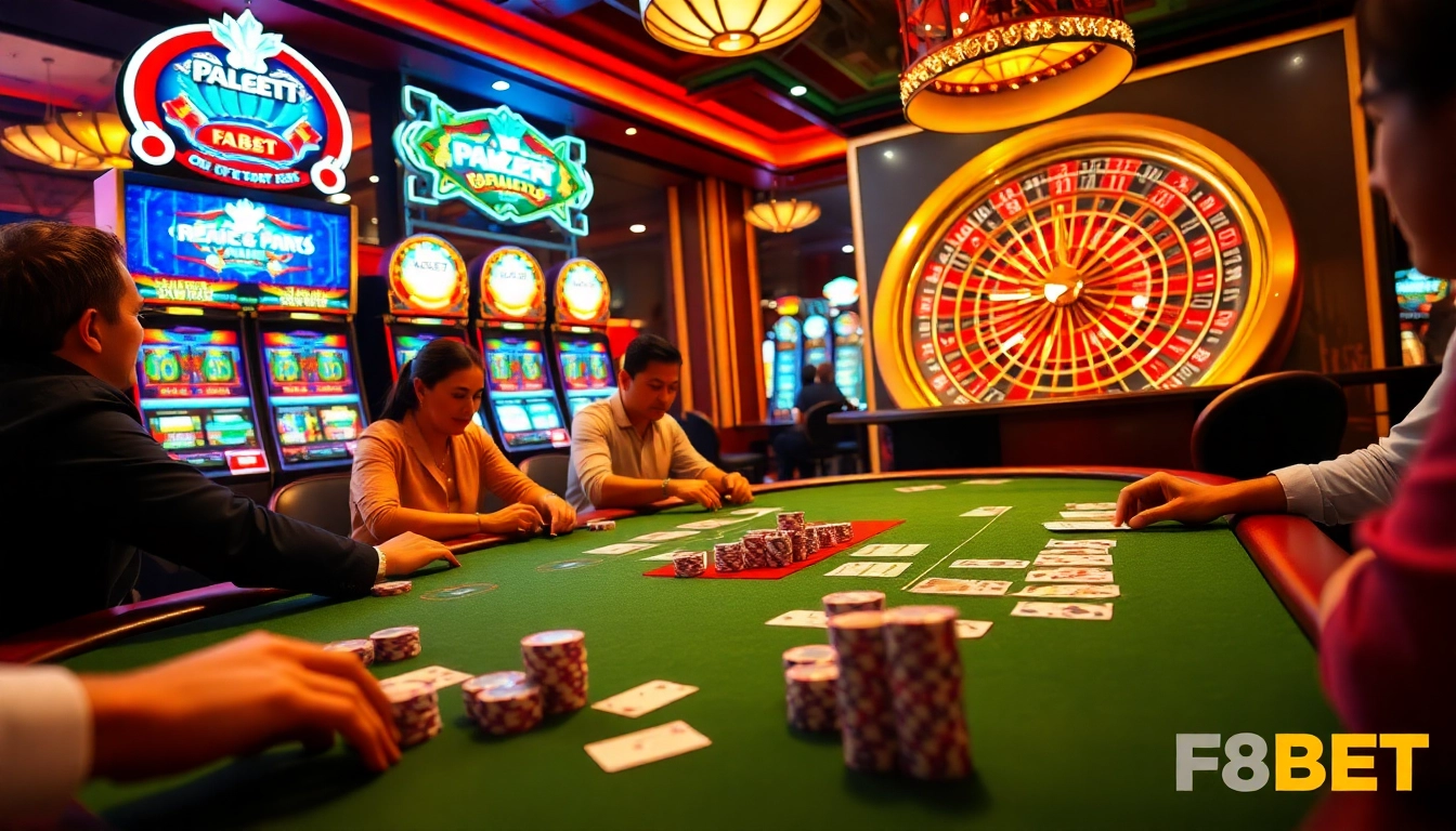 Players at a high-stakes poker table enjoying F8BET action, accompanied by colorful casino chips and slot machines.