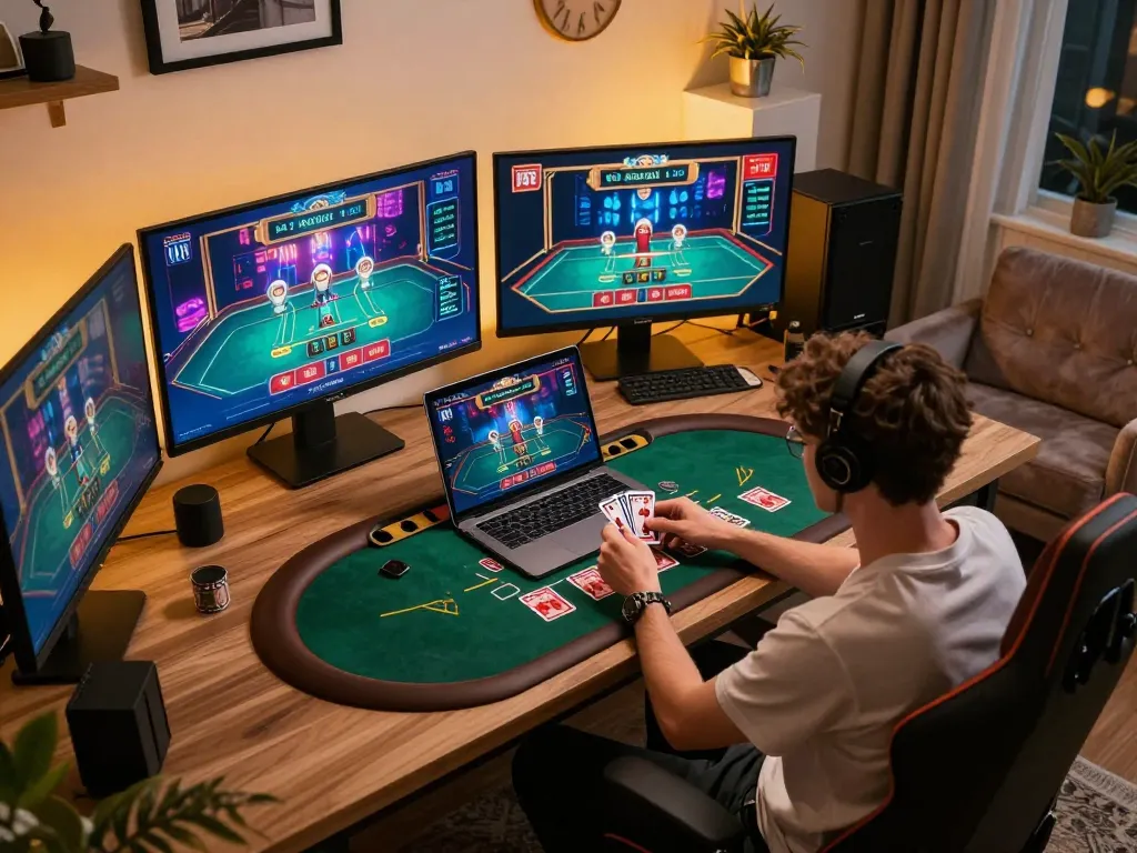 Player enjoying an online blackjack game on Laptop with strategic betting tactics in focus, showcasing sunwin gaming.