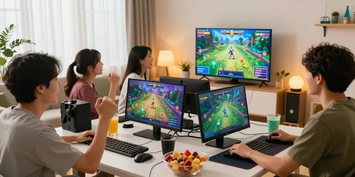 Friends enjoying a game đổi thưởng session at home, celebrating wins with snacks and drinks.