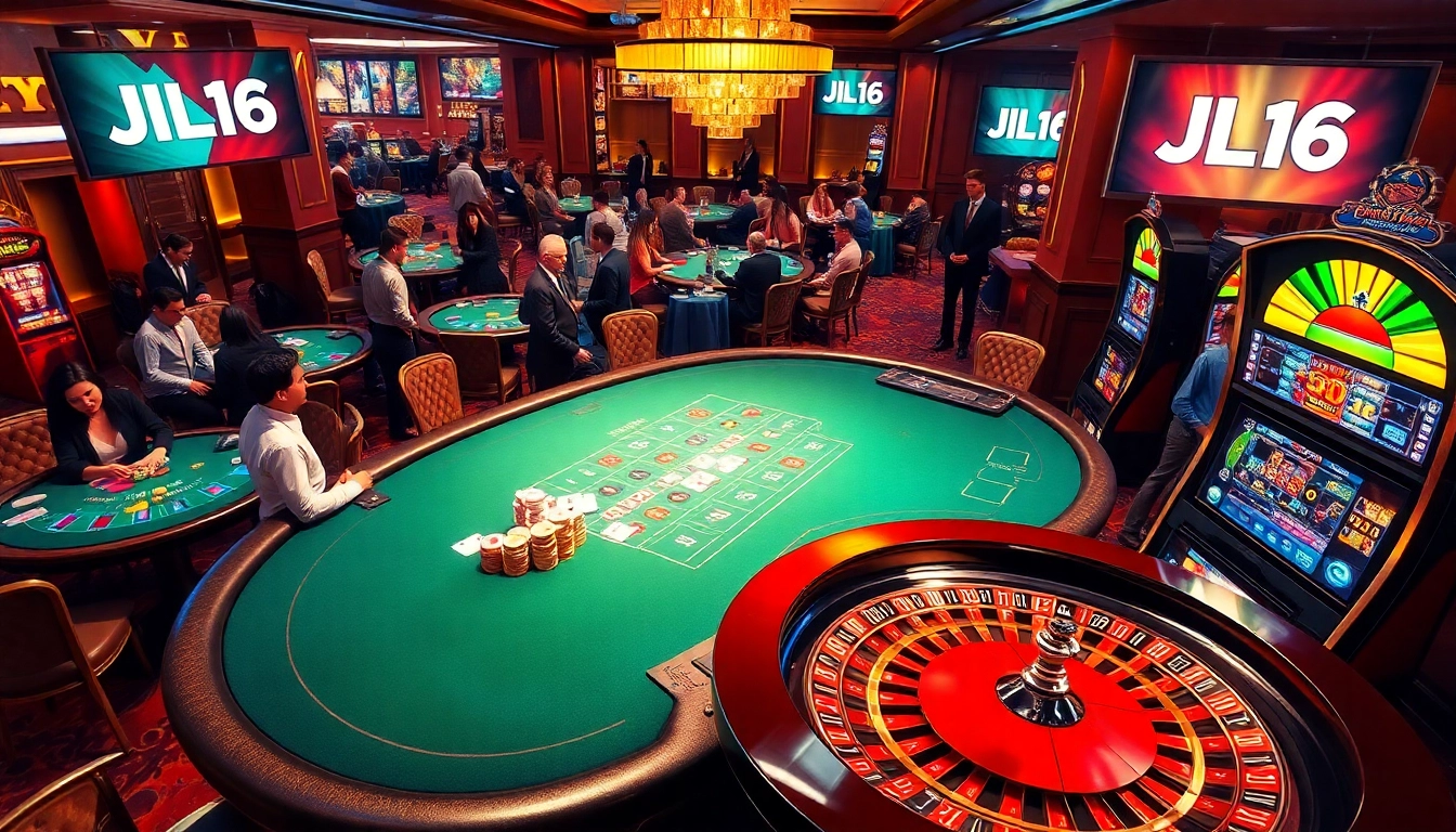 JL16 casino players engaging with vibrant tables and thrilling games in a luxurious setting.