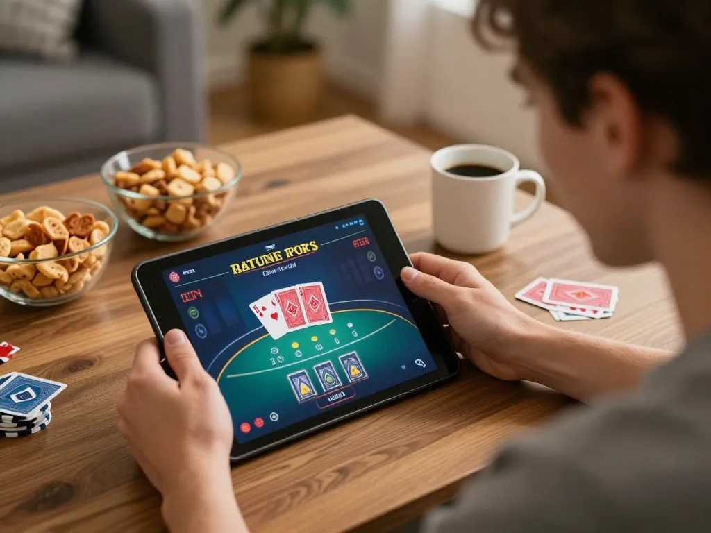 HM88 player engaged in live dealer blackjack on a tablet, warm home setting with strategic atmosphere