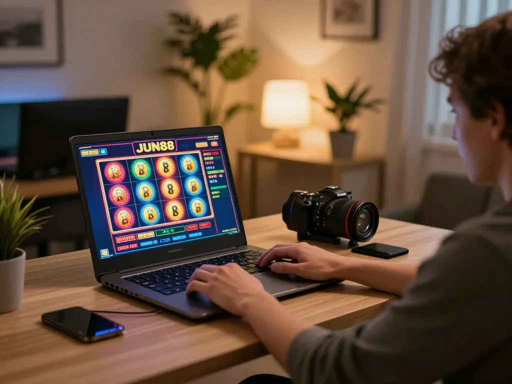 Player engaging with JUN88 casino slots on a modern laptop setup, showcasing vibrant gameplay and interactive features