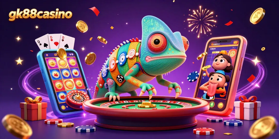 Engage with gk88casino's exciting atmosphere featuring a chameleon owner seizing golden coins and vibrant casino elements.