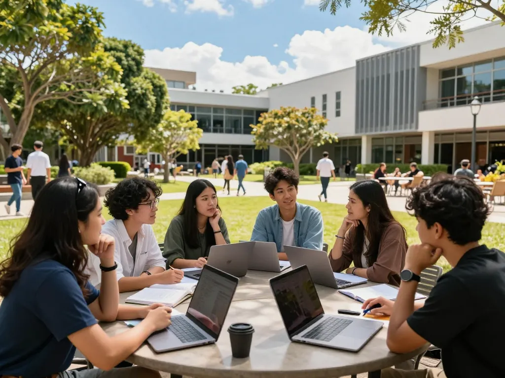 Students collaborating at a Go8 university campus under bright sunlight, showcasing vibrant campus life.