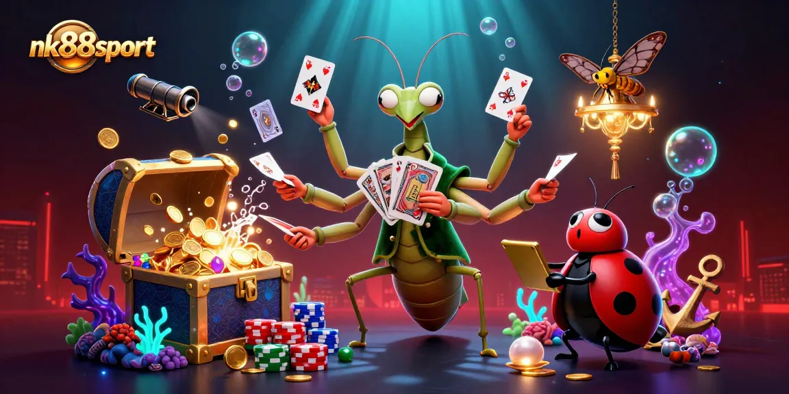 Experience thrill at nk88sport with the giant mantis dealer, shuffling cards amidst sparkling treasures.
