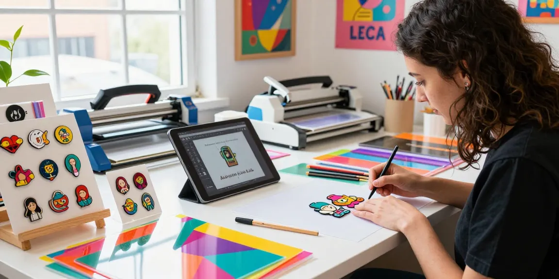 Creative designer crafting custom acrylic pins in a bright workspace.