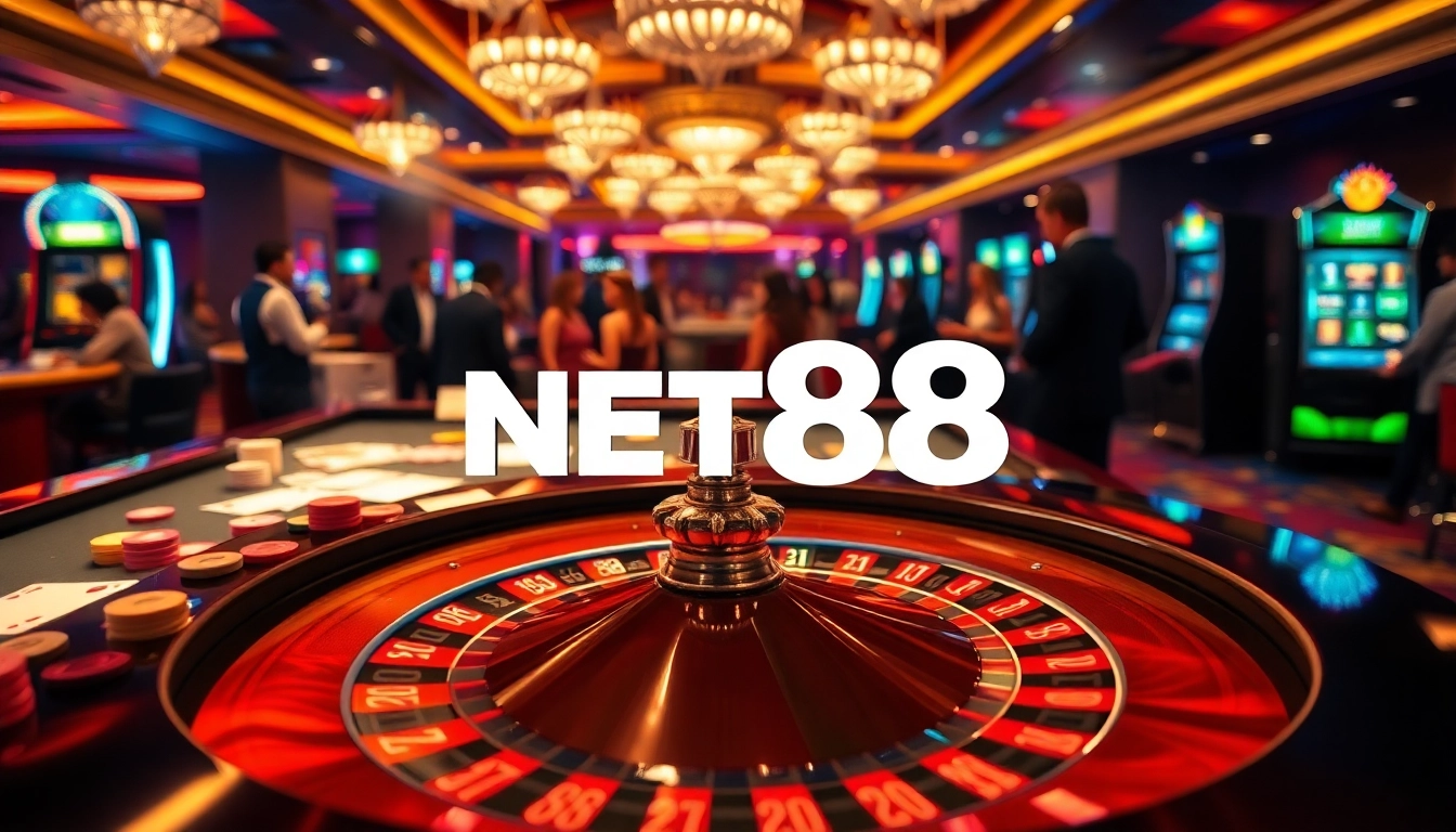 Players enjoy diverse games at NET88 casino with vibrant roulette table and chips.