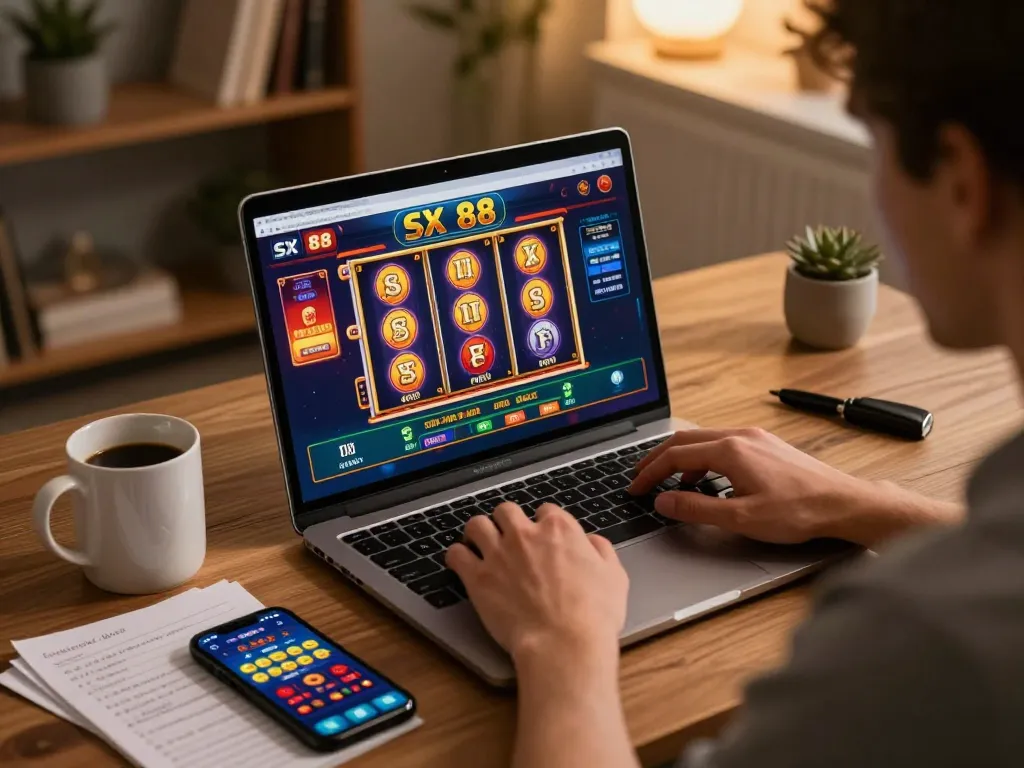 SX 88 online casino player engaging with vibrant gaming interface, enjoying strategic play at home.