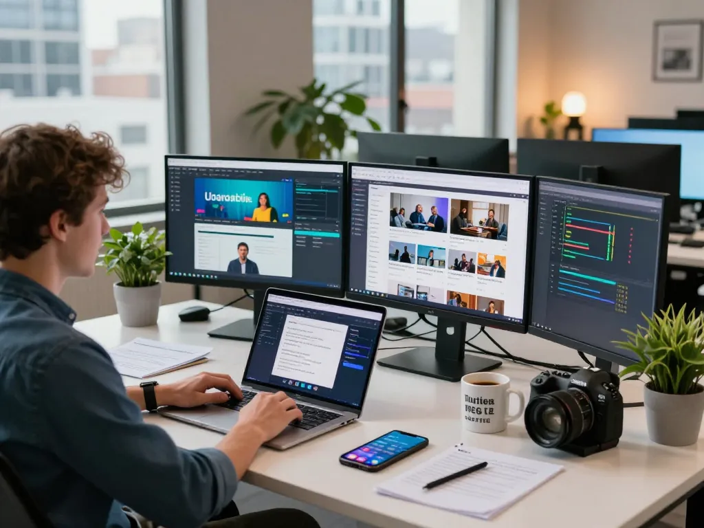 Dynamic workspace showcasing Techsslaash com in action with vibrant tech news and analytics.