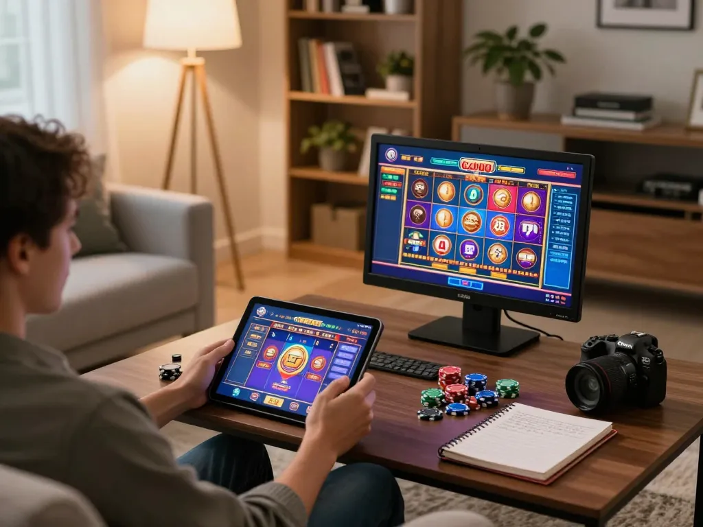 Player enjoying Au 88 slot games on tablet in a cozy home environment.