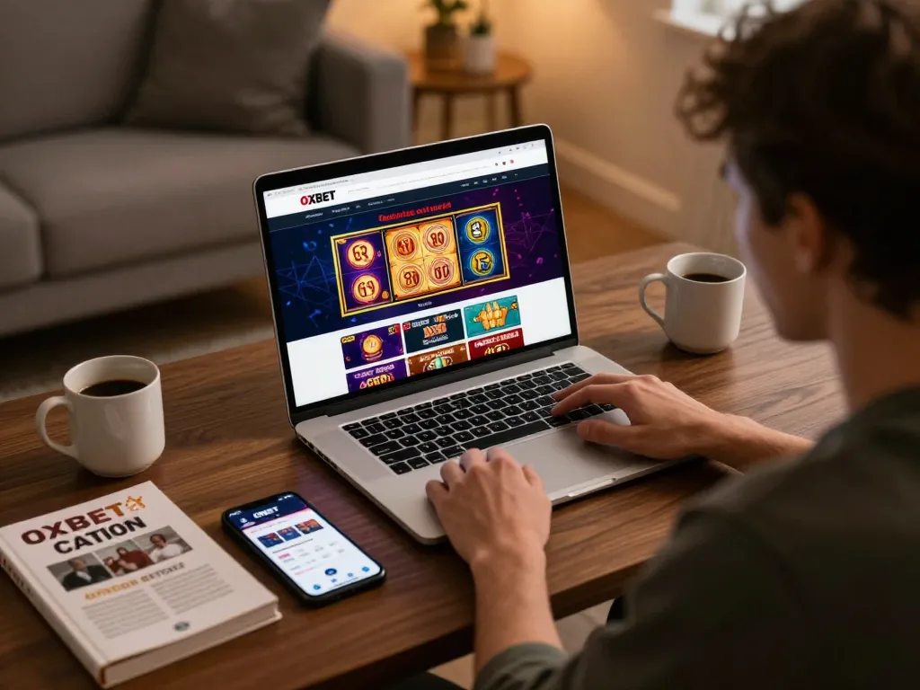 Player engaging with the OXBET platform, showcasing online casino gaming on a laptop in a cozy setting.