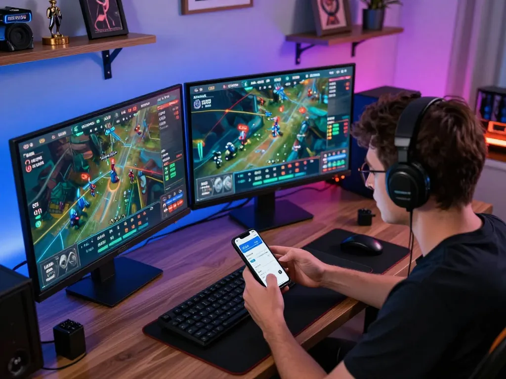 Engaging esports mb66 betting scene with focused gamer analyzing odds on multiple screens.