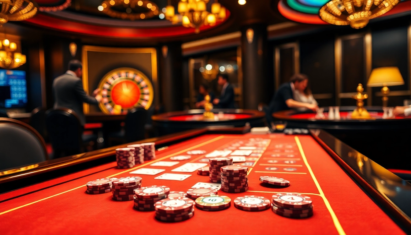 Players enjoying a thrilling game at KK55 casino table, with poker chips and cards in action.