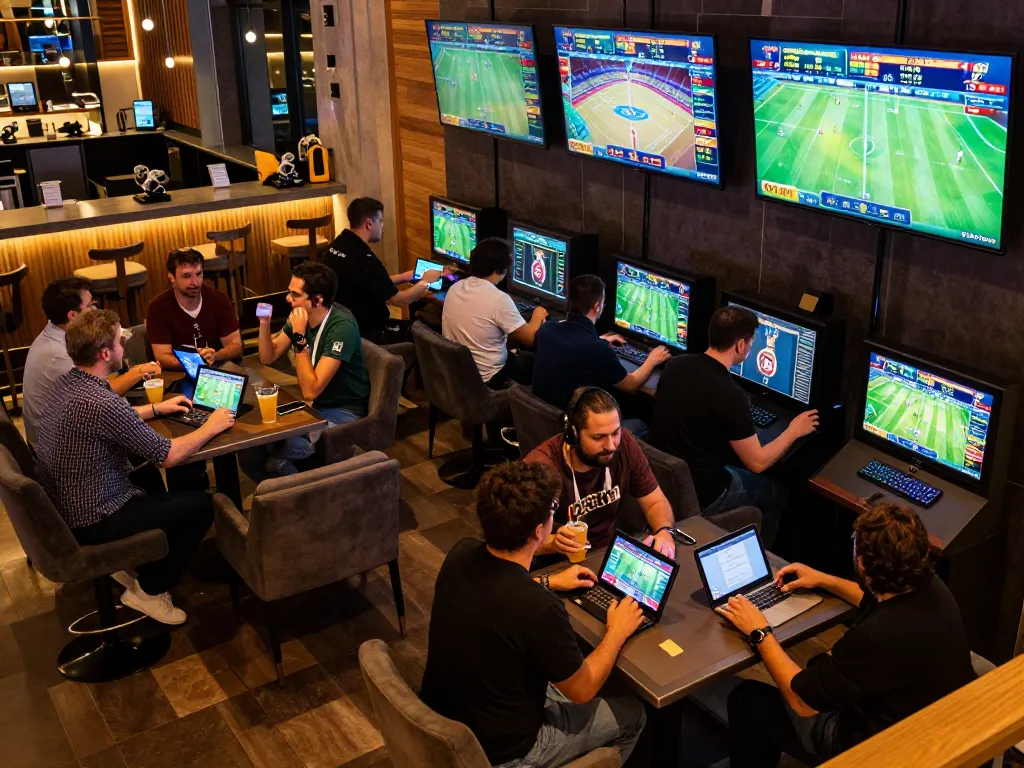 Engaged bettors placing bets at vipwin sports betting lounge, vibrant atmosphere with live game screens.