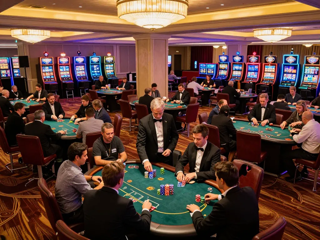 Players engaging in poker gameplay at a bustling casino floor with vibrant activities and exciting atmosphere at tr88it.