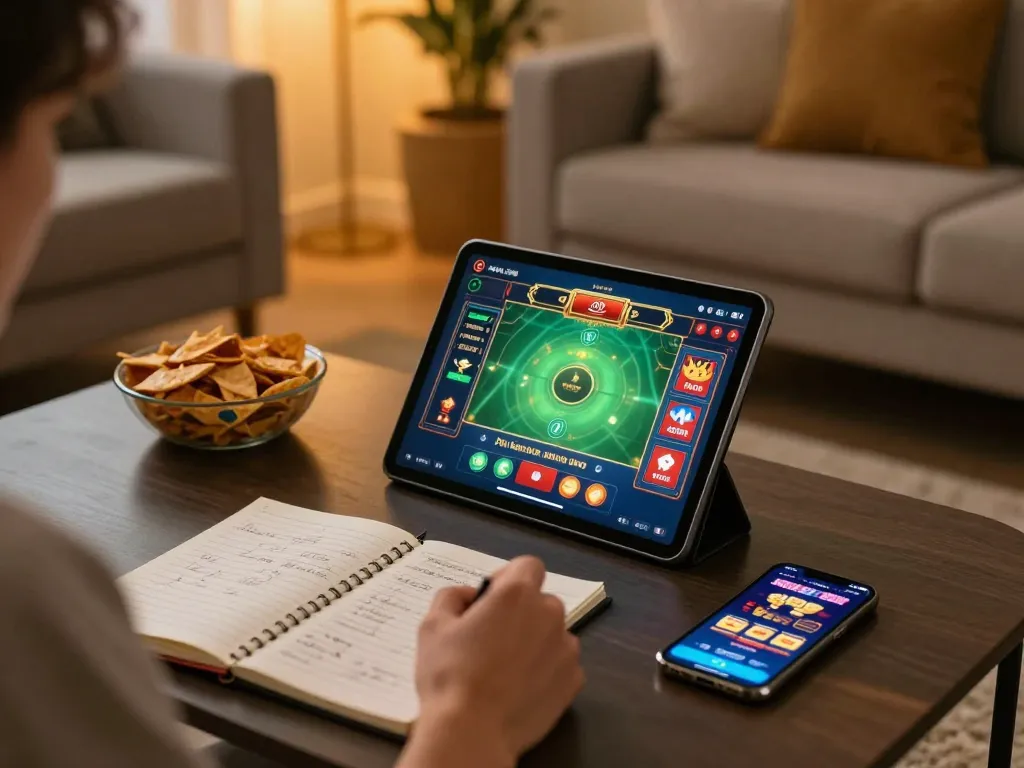 Player strategizing on WIN79 tablet while enjoying a cozy home gaming experience.