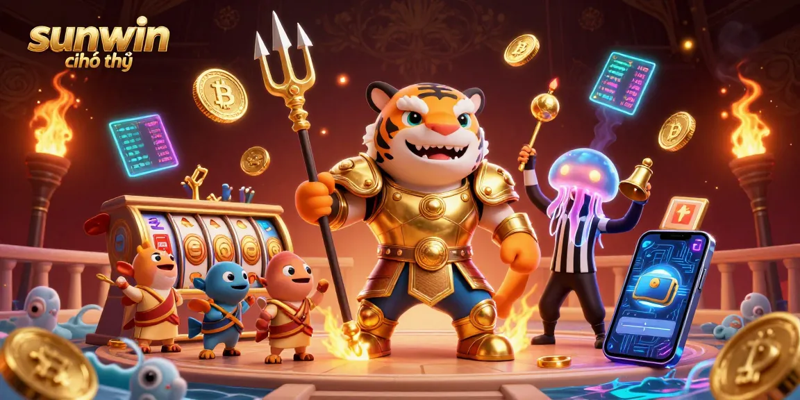 Engage with sunwin chính thức, featuring a golden gladiator shark in an underwater casino.