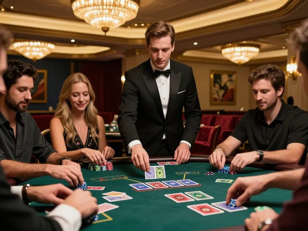 Players enjoying engaging live blackjack action at OPEN88 casino, showcasing focused gameplay and luxurious ambiance