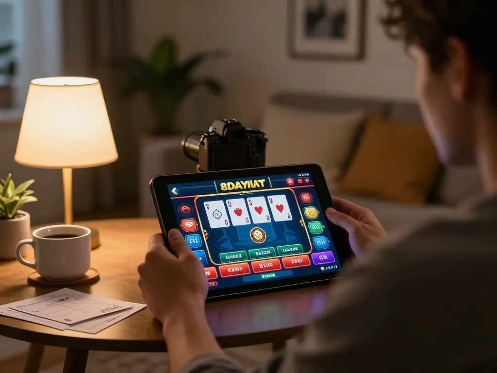 8day player engaging with online casino game on tablet in a cozy home setting, strategic gameplay atmosphere