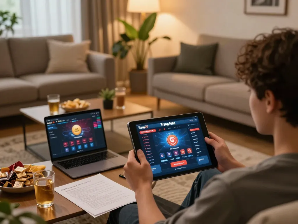Engaging in online gaming at Trang chủ 6789 with a tablet in a cozy living room setting.