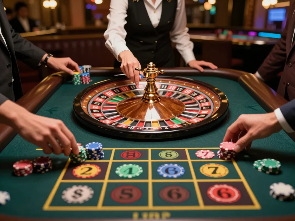da88hq players engaging at a vibrant roulette table with colorful chips being placed, enjoying the thrill of gambling.