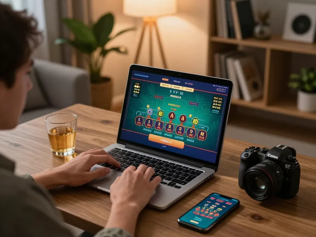 DABET online gaming scene with a player enjoying baccarat on a laptop in a cozy home setup.