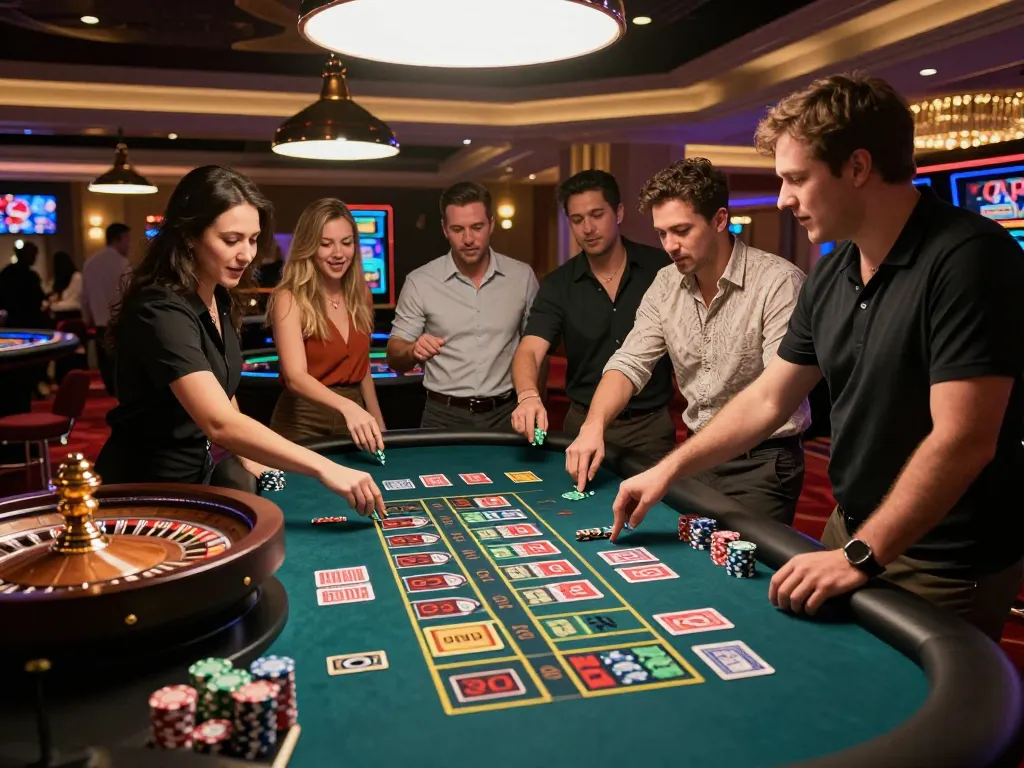 Friends enjoying a debet game at a lively casino table, surrounded by excitement and vibrant decor.
