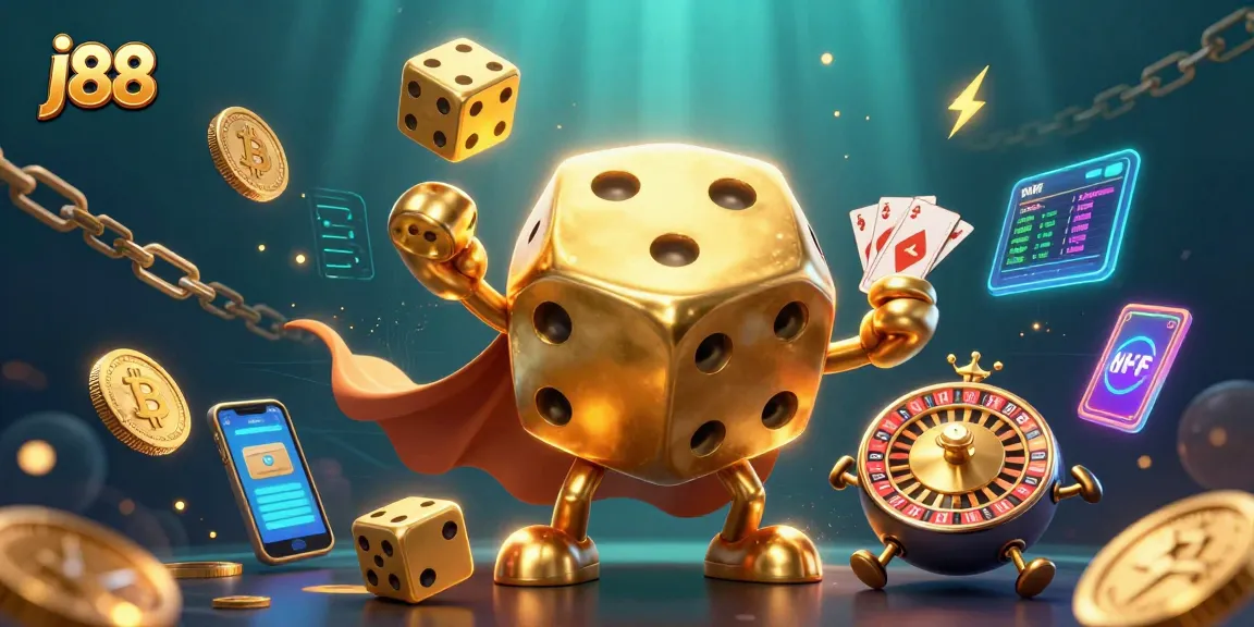 Experience j88's gaming excitement with dynamic 3D illustrated elements and vibrant crypto themes.