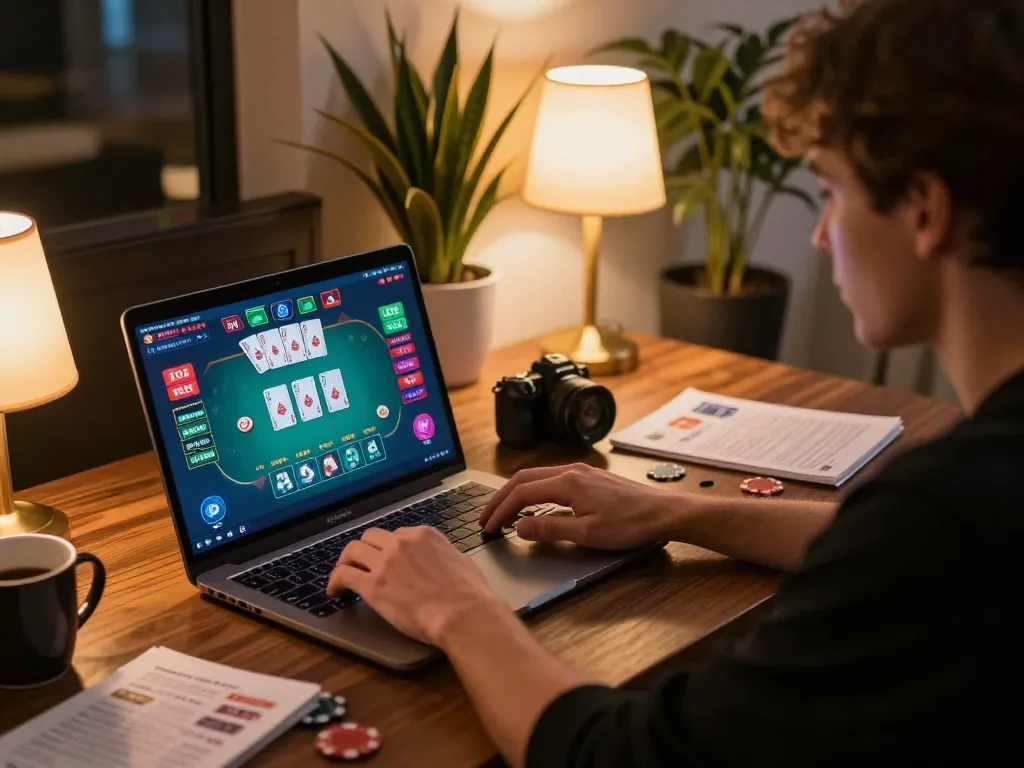 Engaged player enjoying o8 casino poker game on their laptop in a cozy home setup