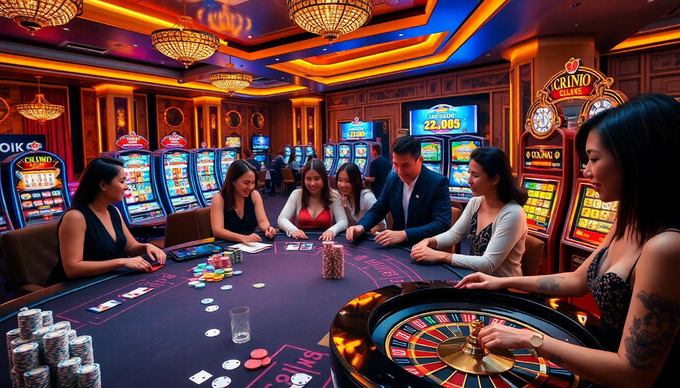 Experience high-stakes gaming excitement at SumClub with vibrant casino tables and lively gamblers.