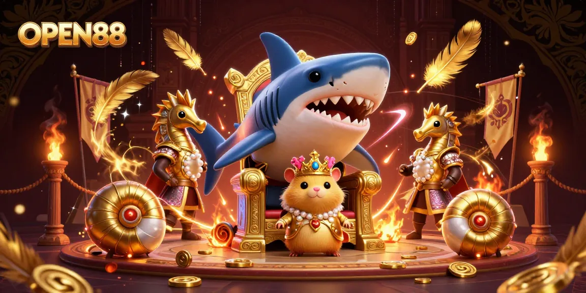 Experience thrilling gameplay at OPEN88 with a dynamic illustration of a fierce hamster king and casino-themed elements.