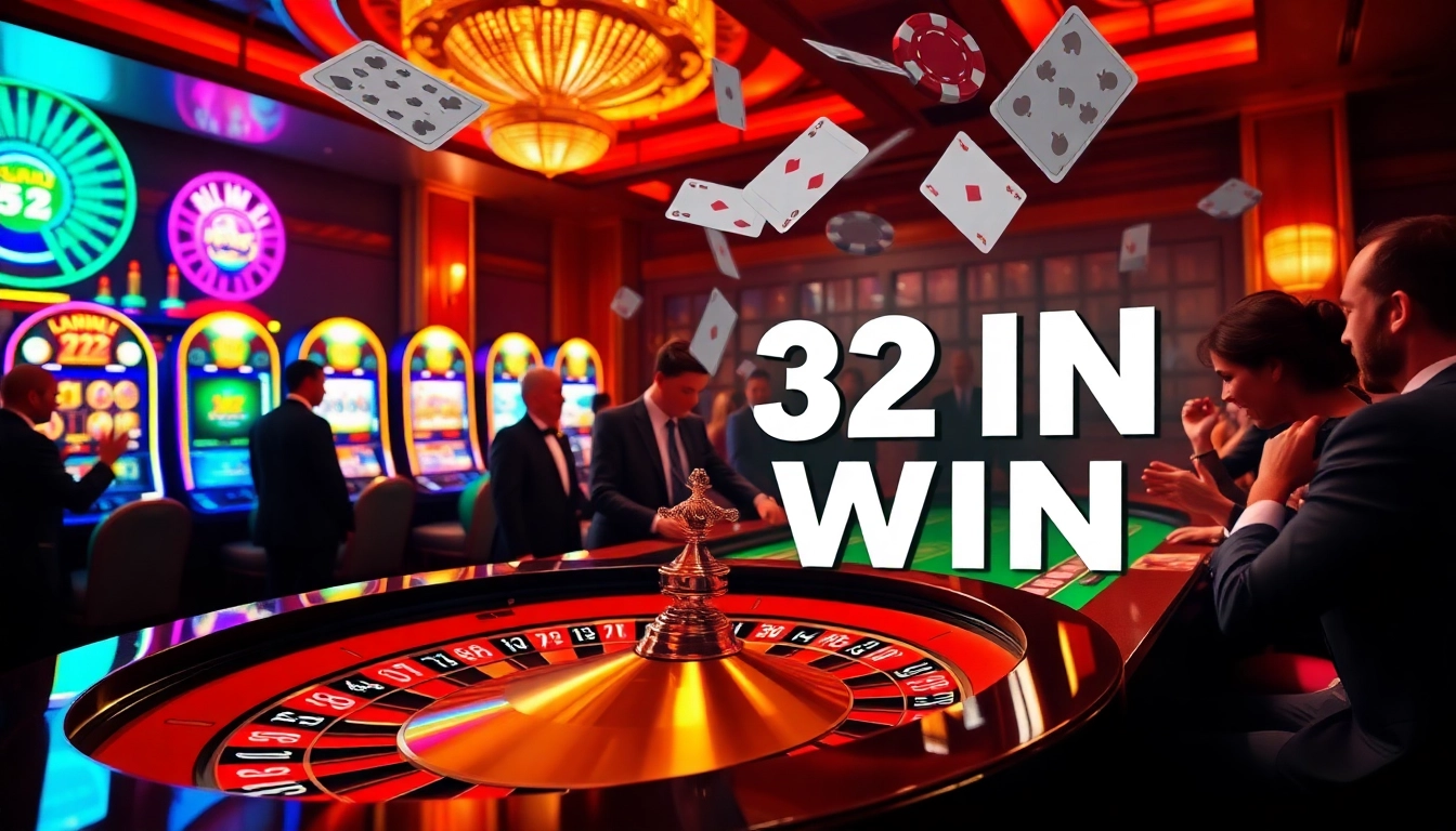 Gambling scene with winning elements at a luxurious casino highlighting 32 WIN on roulette.