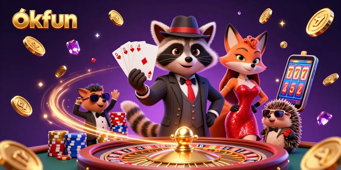 Experience the action with okfun’s vibrant casino scene featuring a raccoon, fox, and hedgehog characters.
