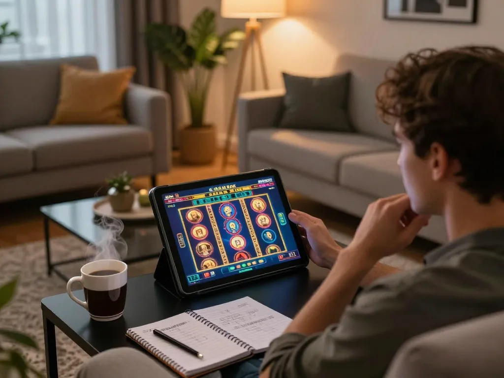 Engaging online casino experience on https://phtaya.ac/, featuring person gaming on tablet in cozy home setting.