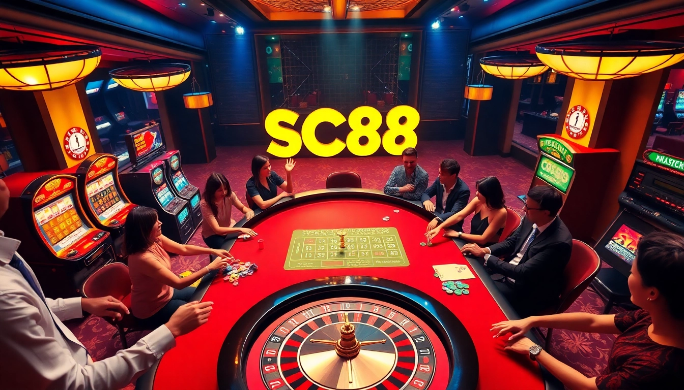 Experience the thrill of SC88 gaming with vibrant tables, chips, and exciting slot machines.