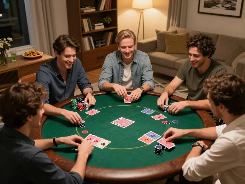 Friends enjoying a lively poker night at home, focusing on strategies with uk88 cards and chips.