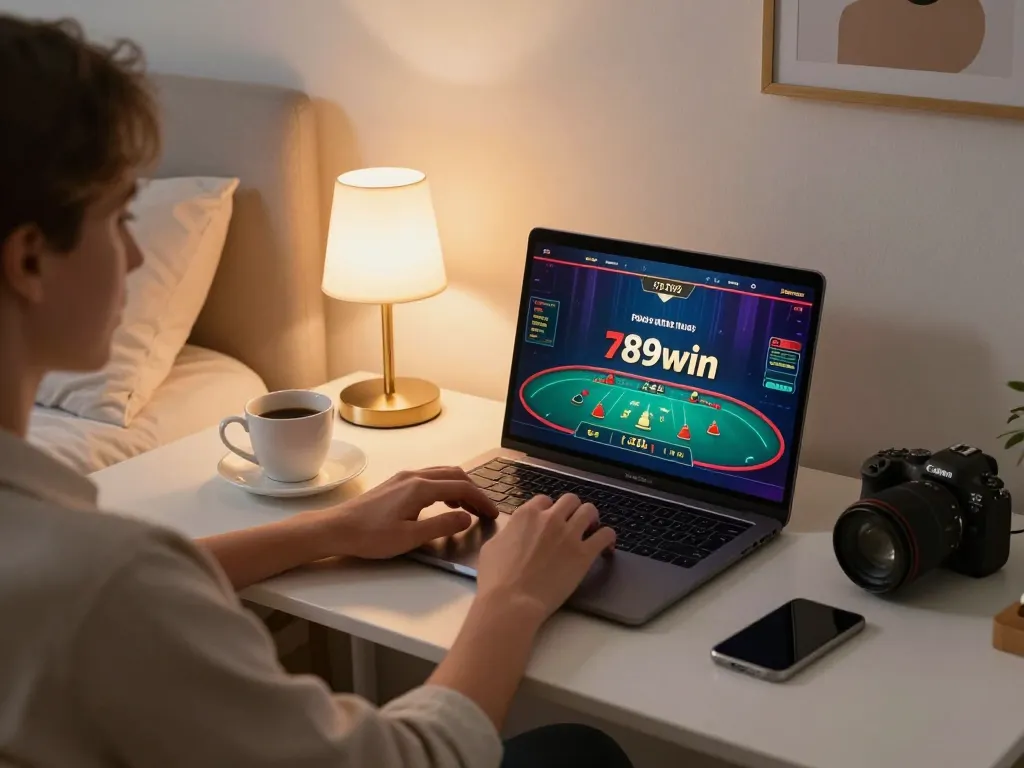 Engaged player enjoying 789win live baccarat game on laptop in a cozy setting